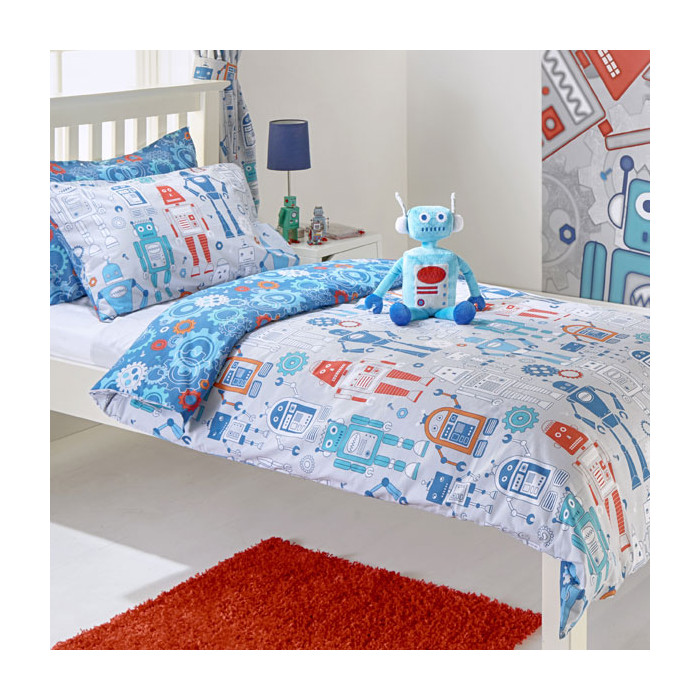 Riva Paoletti Kids Toddler Blue Robot Theme 50/50 Duvet Cover Set Bedding Bedroom Collection Pencil Pleat Curtains, 66 x 72 