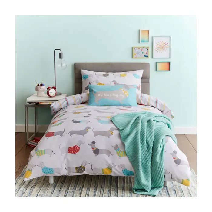 Catherine Lansfield Silly Sausage Dog Reversible Stripe Quilt/Duvet Cover Set 