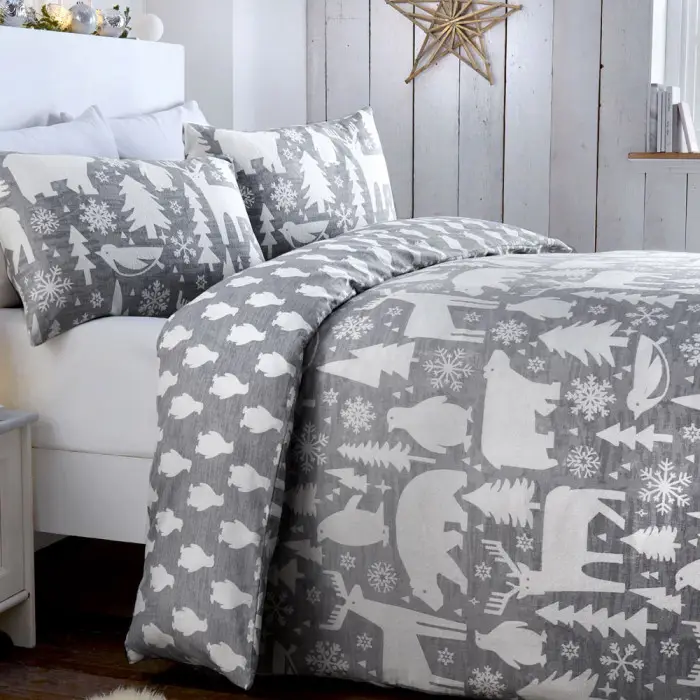 Double Bed Size Fusion Christmas Arctic Animals Grey Bedding 100% Brushed Cotton Duvet Cover Set 